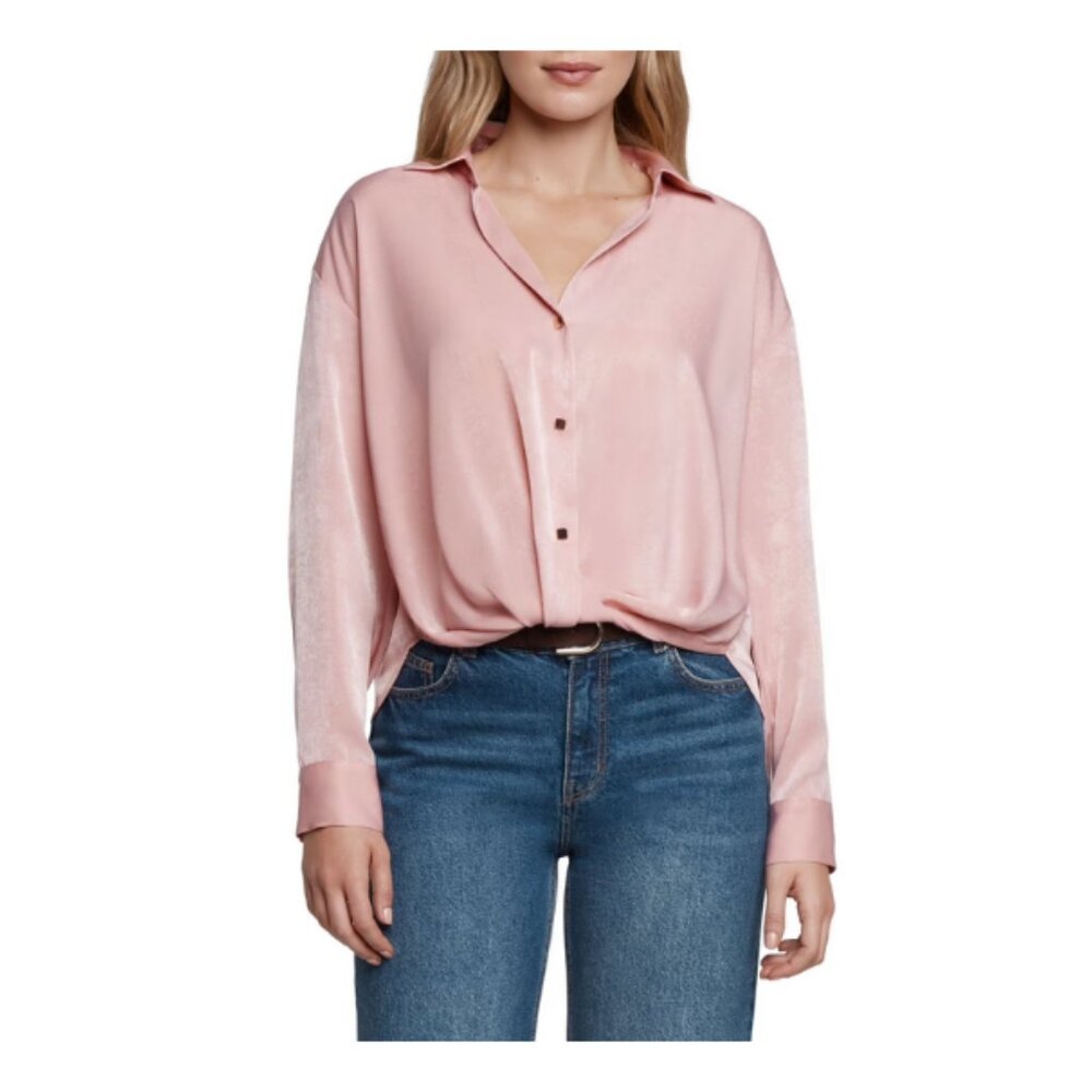 ✨ Express Women’s Satin V-Neck Button-Up Shirt with Cross Front Hem - Pink Color